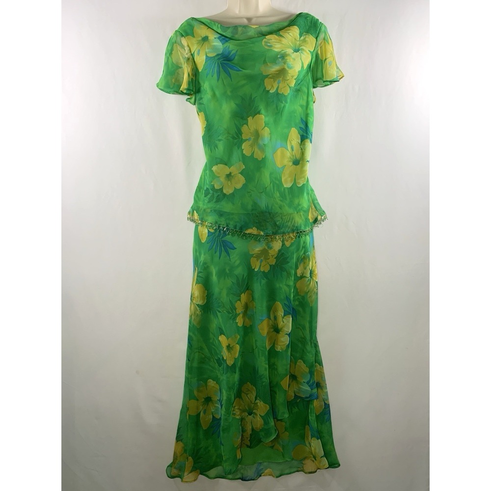 Tropical Floral Hibiscus Beaded Chiffon Midi Skirt Set Sz 10 Green Resort Bias